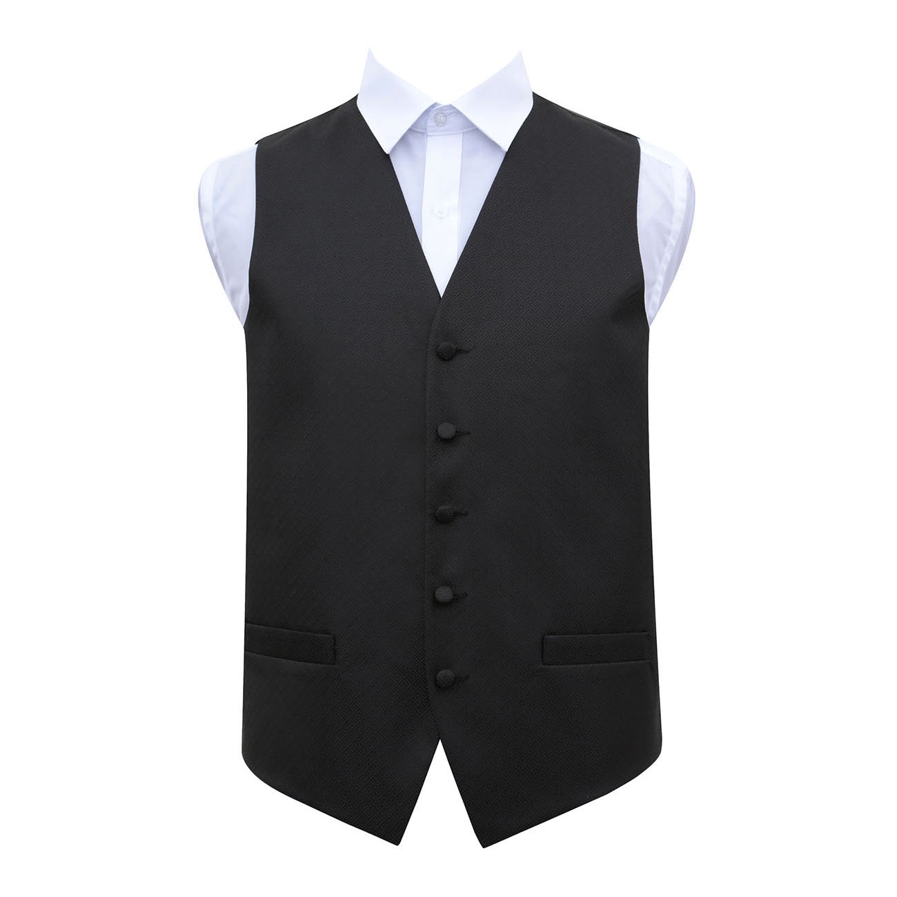 DQT Mens Greek Key Patterned Jacquard Waistcoat – Wedding Business & Formal Suit Vest - Black 42" (XL)