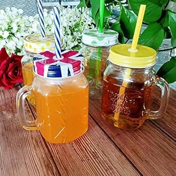 MULTIZONE 500 ml Glass Mason Jar, Juice Soft Cold Drinks Mason Mug with Handle and Multi Color Lid and Straw, Transparent (Set of 4)