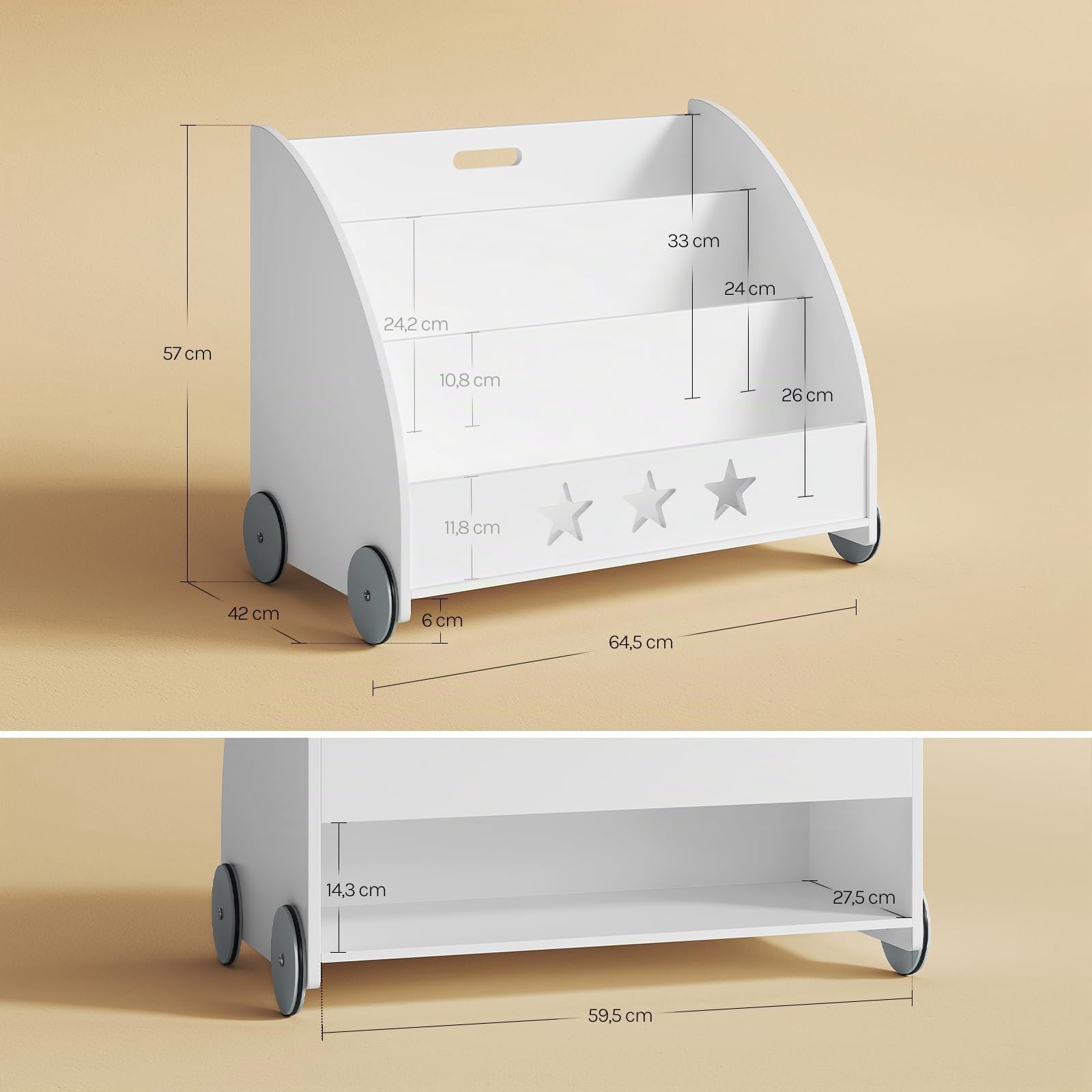 WOLTU KR002 Kinderregal Bücherregal für Kinder, Spielzeugregal mit Räder 3 Regale , Holz Standregal Kinderzimmerregal Mehrzweck Organizer(Weiß)