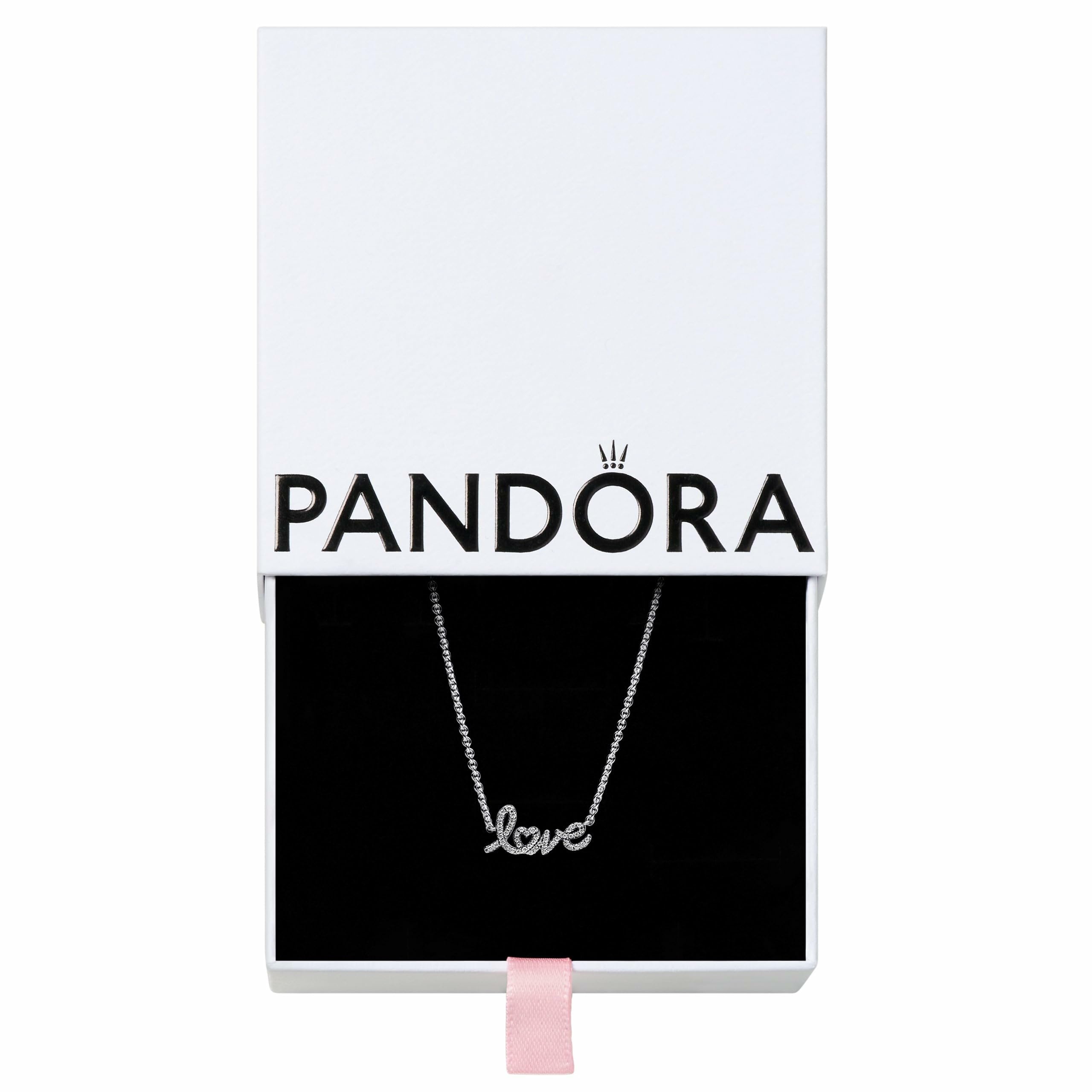 PANDORAMoments Sparkling Handwritten Love Collier Necklace - Gift for Her - Sterling Silver with Cubic Zirconia - With Gift Box - 17.7"