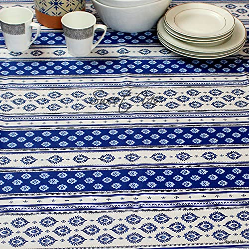 Sweet Us Wipeable Tablecloth Spill Resistant Acrylic Coated Floral Cotton French Provencal Tablecloth For Rectangle Tables 60X78 Inches Blue White Florale Bleu #TOP2