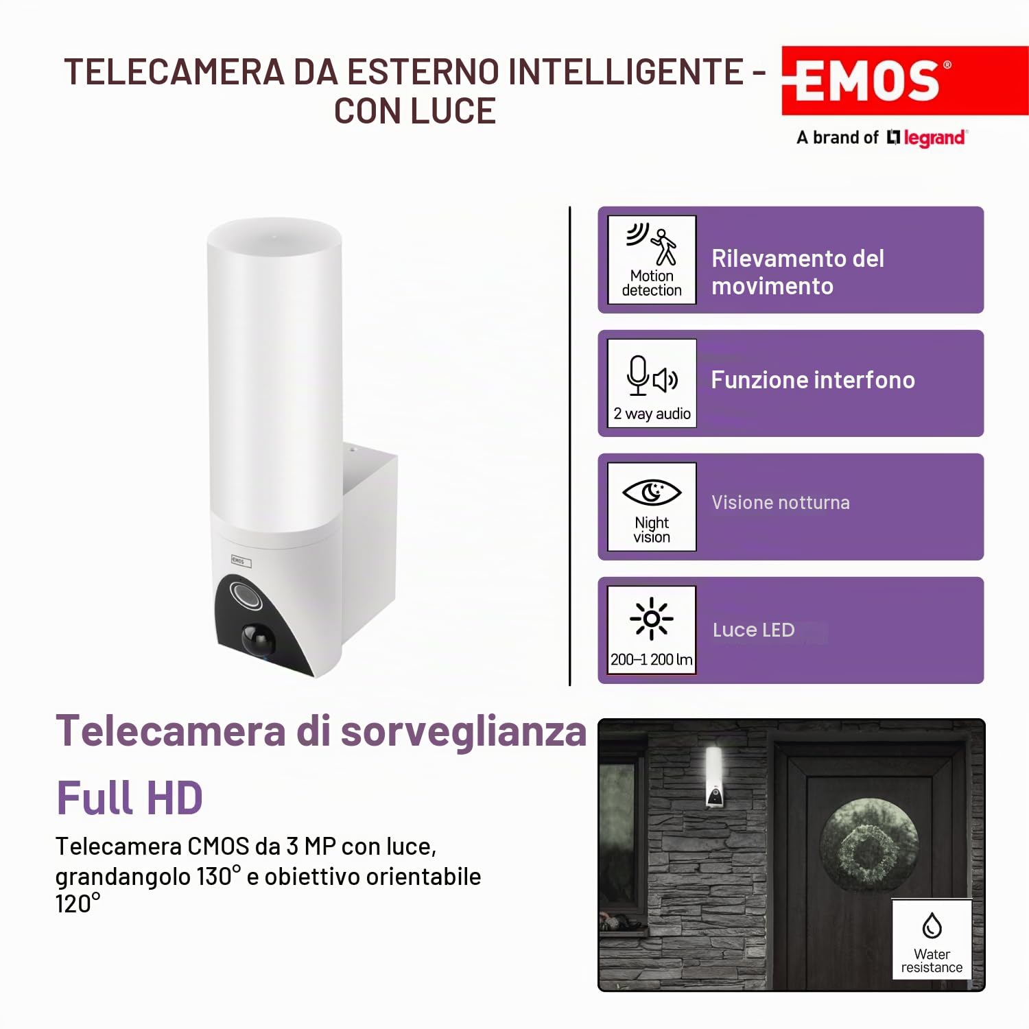 EMOS GoSmart - Telecamera di sorveglianza Smart Home Outdoor con luce - 3 MP rotante Wi-Fi IP telecamera con app - visione notturna e sirena - compatibile con Google Assistant e Alexa - impermeabile -