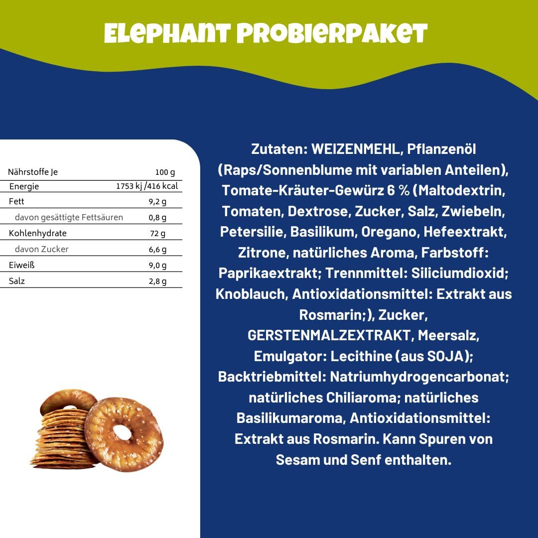 Elephant Juego de 4 degustación mezcla de aperitivos – El sabor se une a la originalidad "Elephant Baked Squeezed Pretzels", variedad de aperitivos Deluxe 300 g Knuspermix para noches de televisión