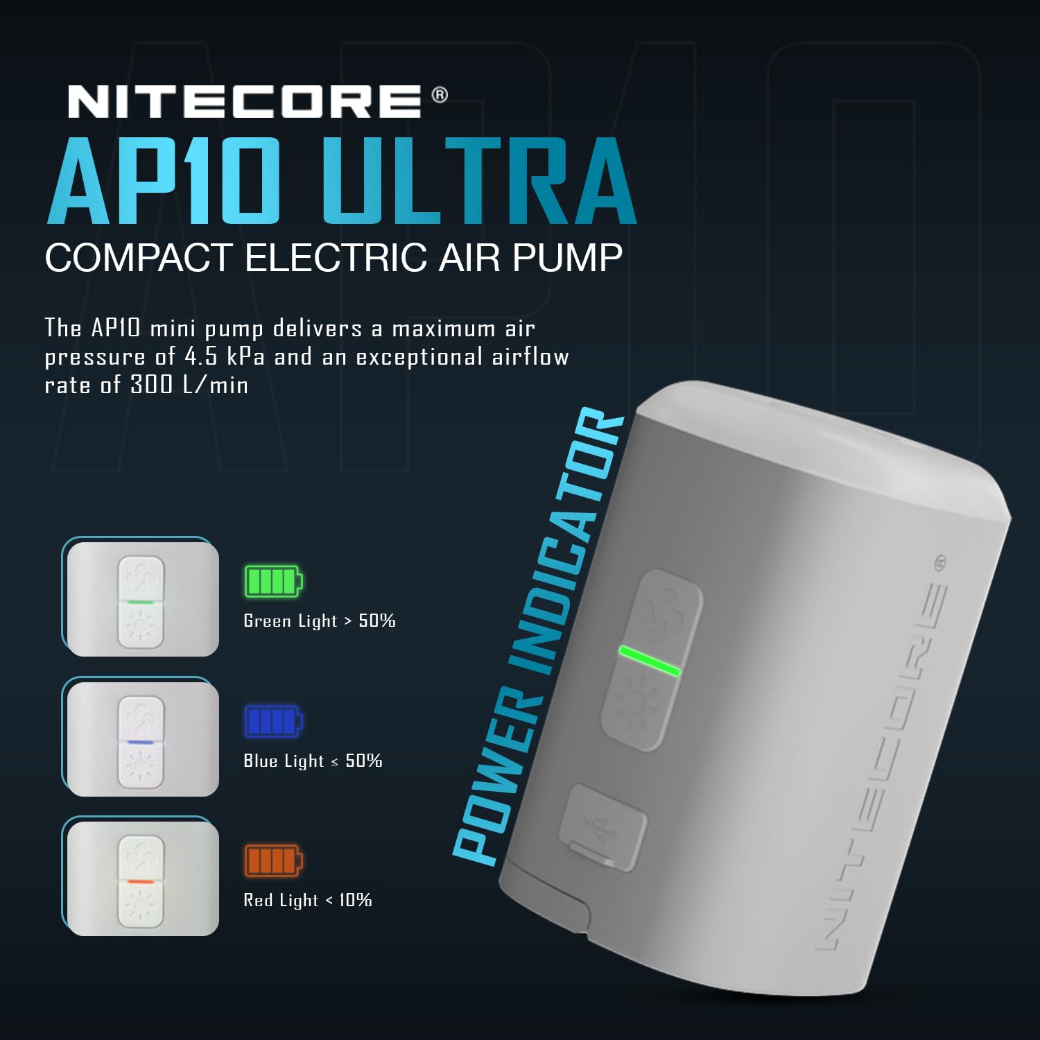 NITECORE AP10 Elektrische Luftpumpe | Licht | 3600mAh Akku | USB-C | Pumpe zum Aufpumpen | Handluftpumpe | Campingmatratze | Akkupack | kleine Pumpe