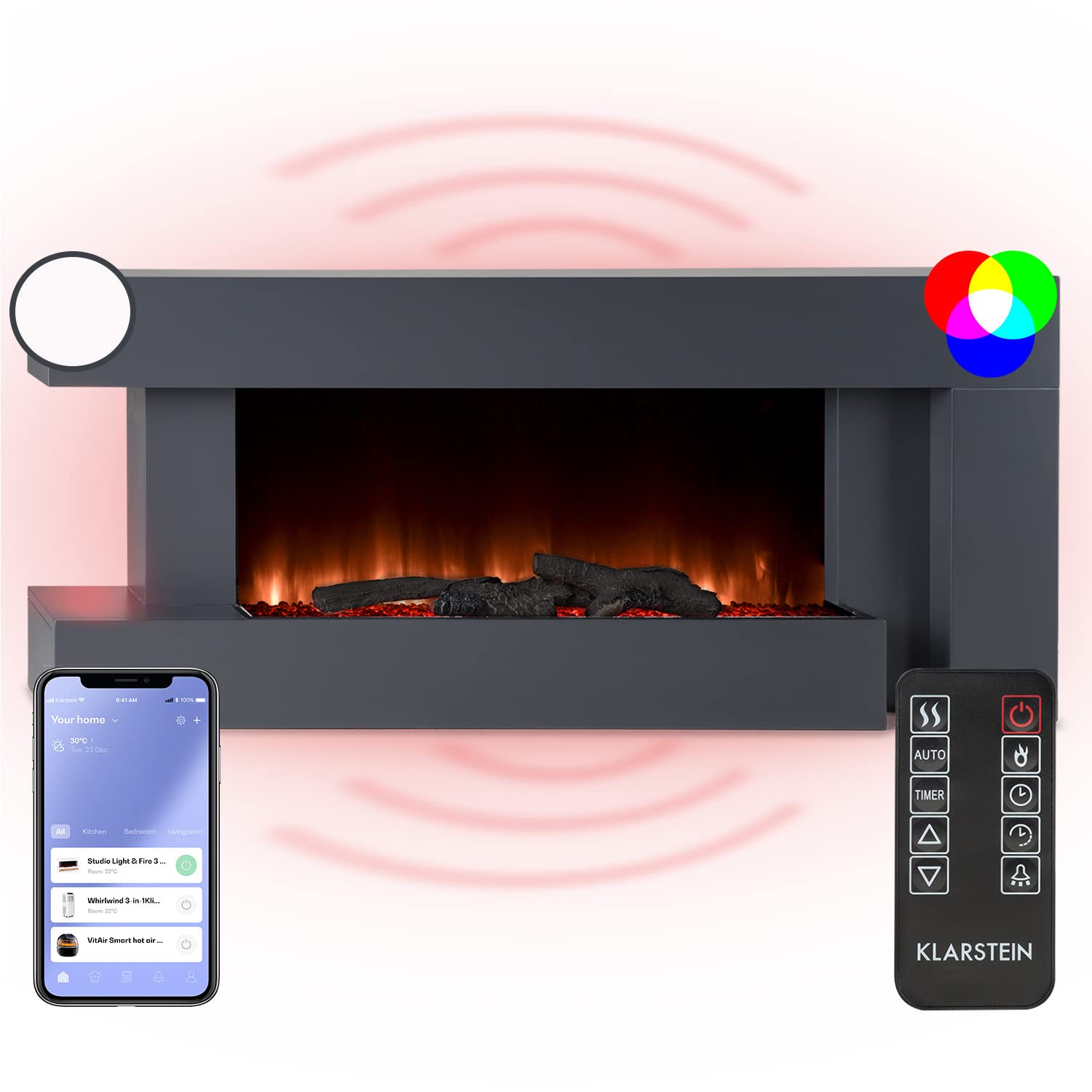 Klarstein Chimenea Eléctrica LED 2000W con Mando a Distancia, Temporizador y Control Automático de Temperatura
