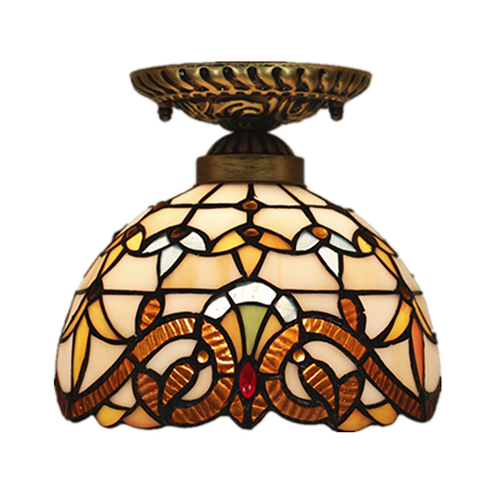 8 inch Semi Flush Mount Ceiling Light Fixture, Baroque Style Stained Glass Ceiling Lamp Decor for Hallway Dining Room Bedroom Living Room Kitchen Island Lamp