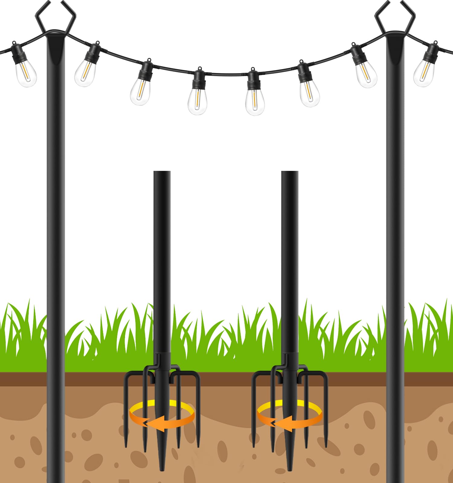 LETIANPAI Lot de 2 poteaux pour guirlandes lumineuses de 3,05 m, poteaux pour éclairage extérieur avec supports de clôture pour suspendre des lumières, support en métal pour terrasse, patio