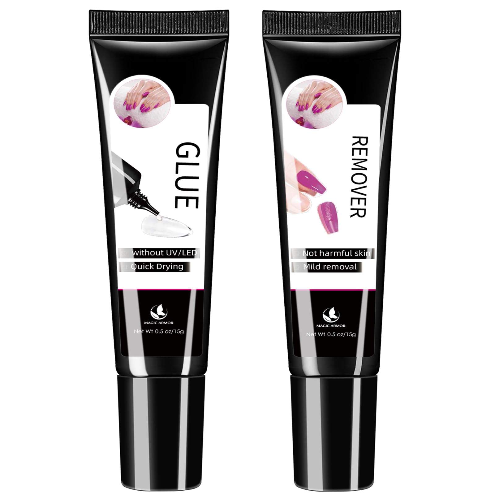 MAGIC ARMOR 15g Semi Solid Nail Glue with 15g Remover for Press On Nails Tips Gel Nail Glue No Need for UV Lamp Quick Drying a Long Lasting Fake