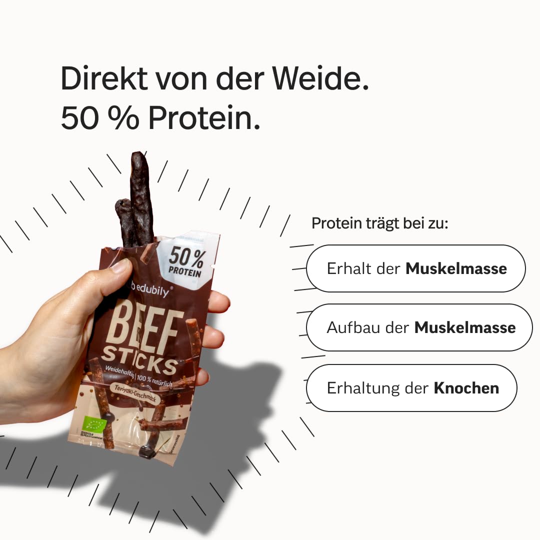 edubily® Beef Sticks Teriyaki - Beef Jerky Snack als herzhafter Protein-Snack für unterwegs - mit 50% Protein aus Bio-Rindfleisch & Tamari-Sauce - low carb (12x25 g, glutenfrei, Bio)