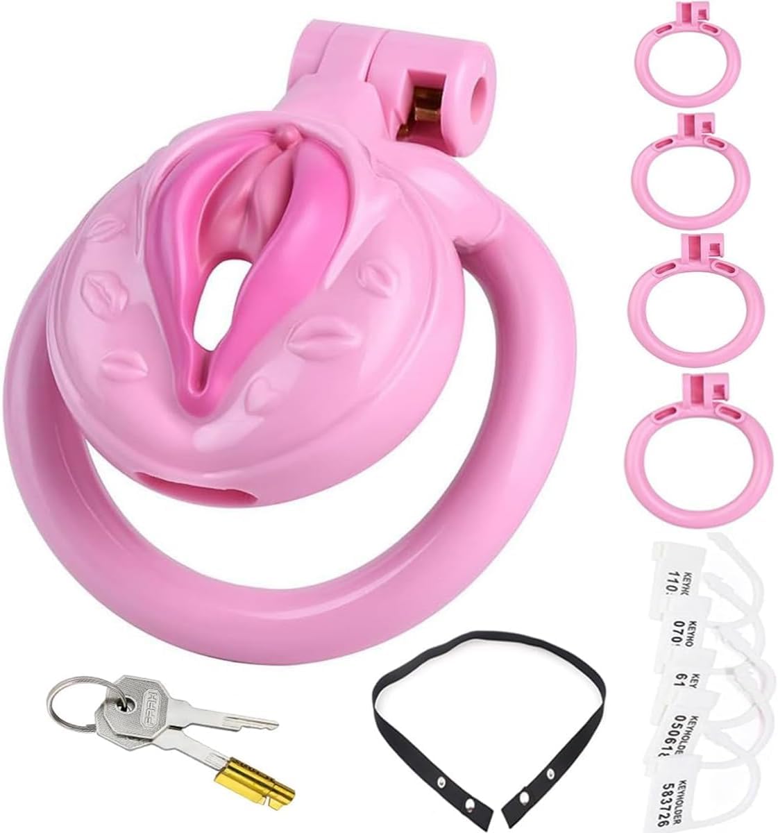 Male Inverted Negative Sissy Chastity Cage with 4 Rings Set, Small Men Flat Chastity Device Lock, Realistic Pussy Penis Cage Design, BDSM Bondage Adults Sex Toys for Gay Couples (pink) - pink
