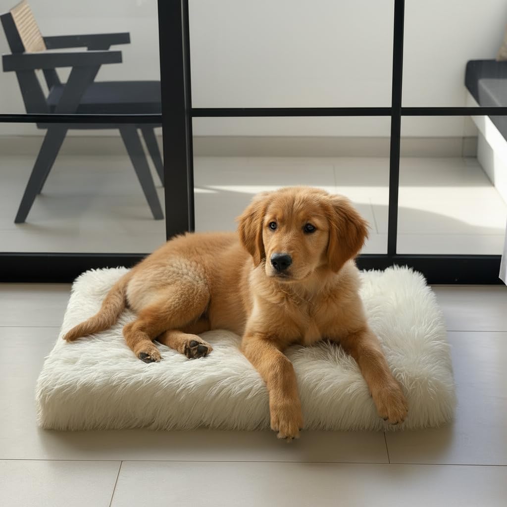 IHAPPYDOG Luxury Faux Fur Orthopedic Dog Beds, Memory Foam Crate Bed for​ Small, Medium, Large and XL Pets, Fluffy Pet Bed with Waterproof ​and ​Washable Cover, Fits Crates (White, 35" x 23")