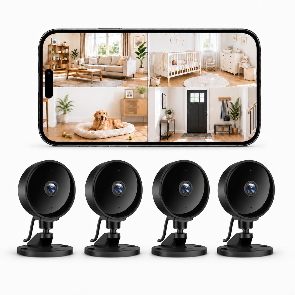 WOLFANG Telecamera WiFi Interno 1080P, Telecamera Sorveglianza Interno con Visione Notturna, Audio Bidirezionale, Compatibile con Alexa & Google Home, Nessun Abbonamento, Solo WiFi 2,4 GHz, 4 Pezzi