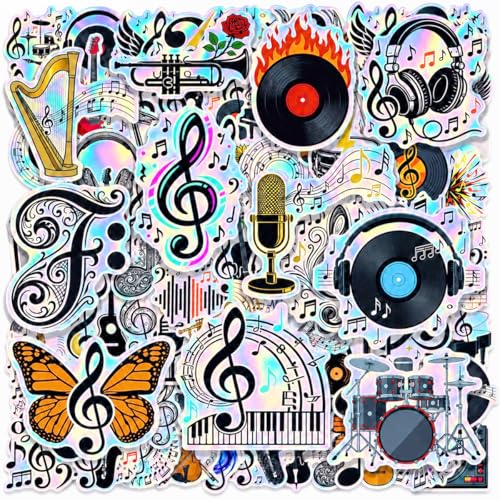 100 Pcs Music Holographic Waterproof Vinyl Stickers for Water Bottle Cool Music Sticker for Adults Kids