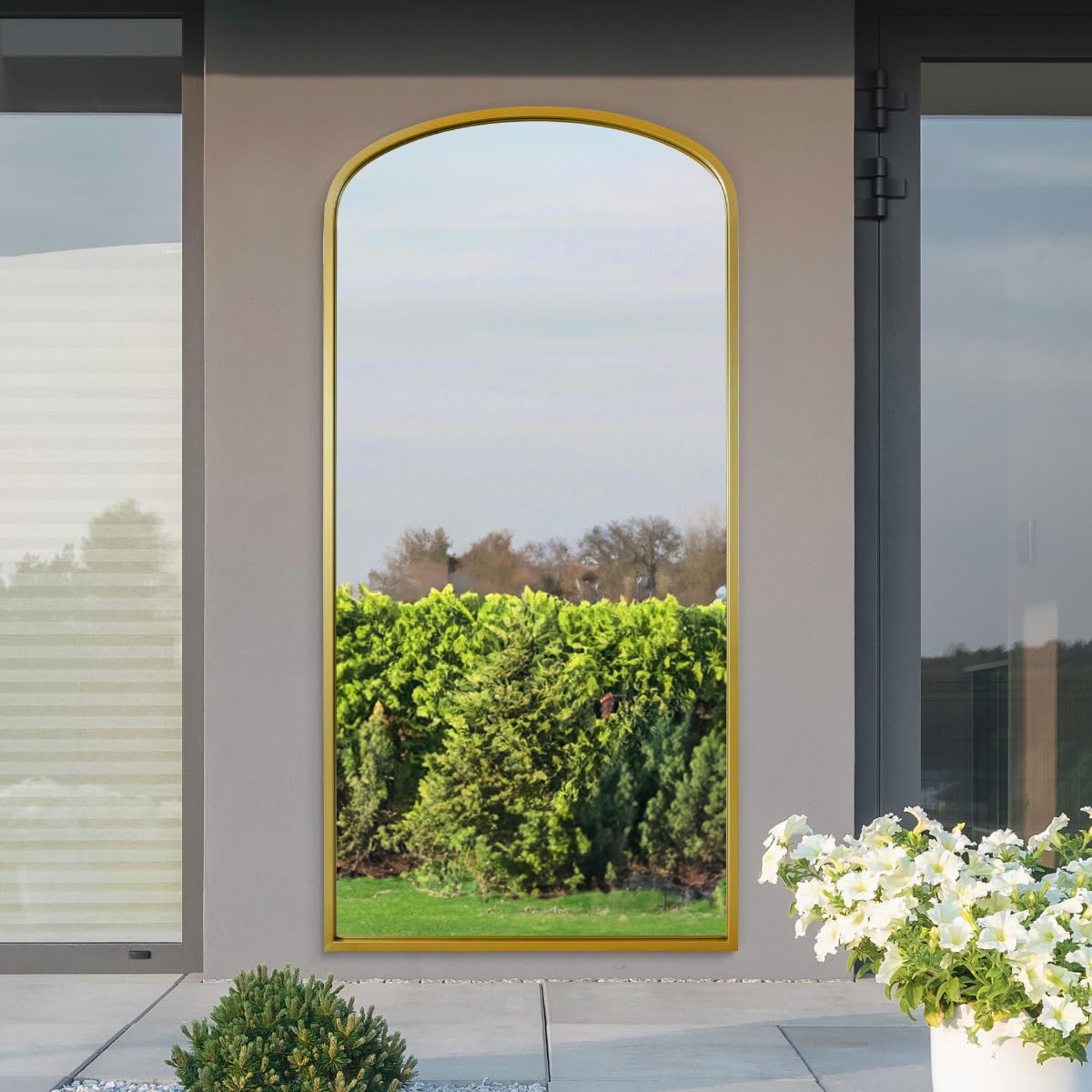 MirrorOutlet The Angustus - Gold Metal Framed Modern Shallow Arched Garden Wall and Leaner Mirror 67" X 33" (170CM X 85CM)