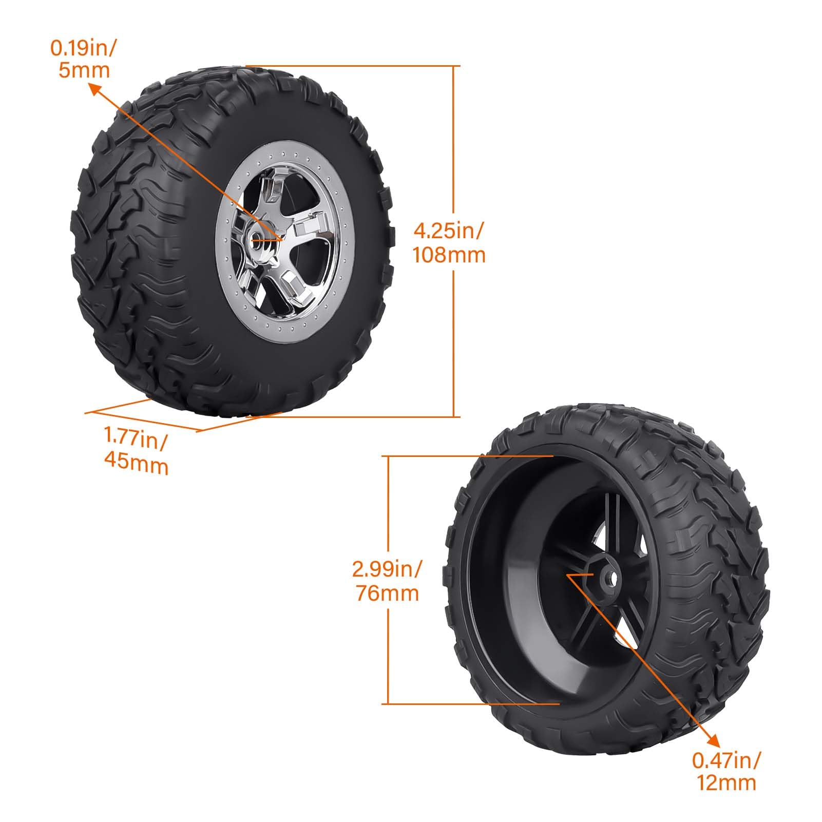 HobbyPark Pre-Glued 1/10 RC Short Course Truck Tires and Wheels Chrome for Traxxas Slash 2wd 4x4 Vxl BL-2S Redcat Blackout SC Pro TR10 Losi 22S SCT 3S 4S Lipo Brushless, 4Pcs