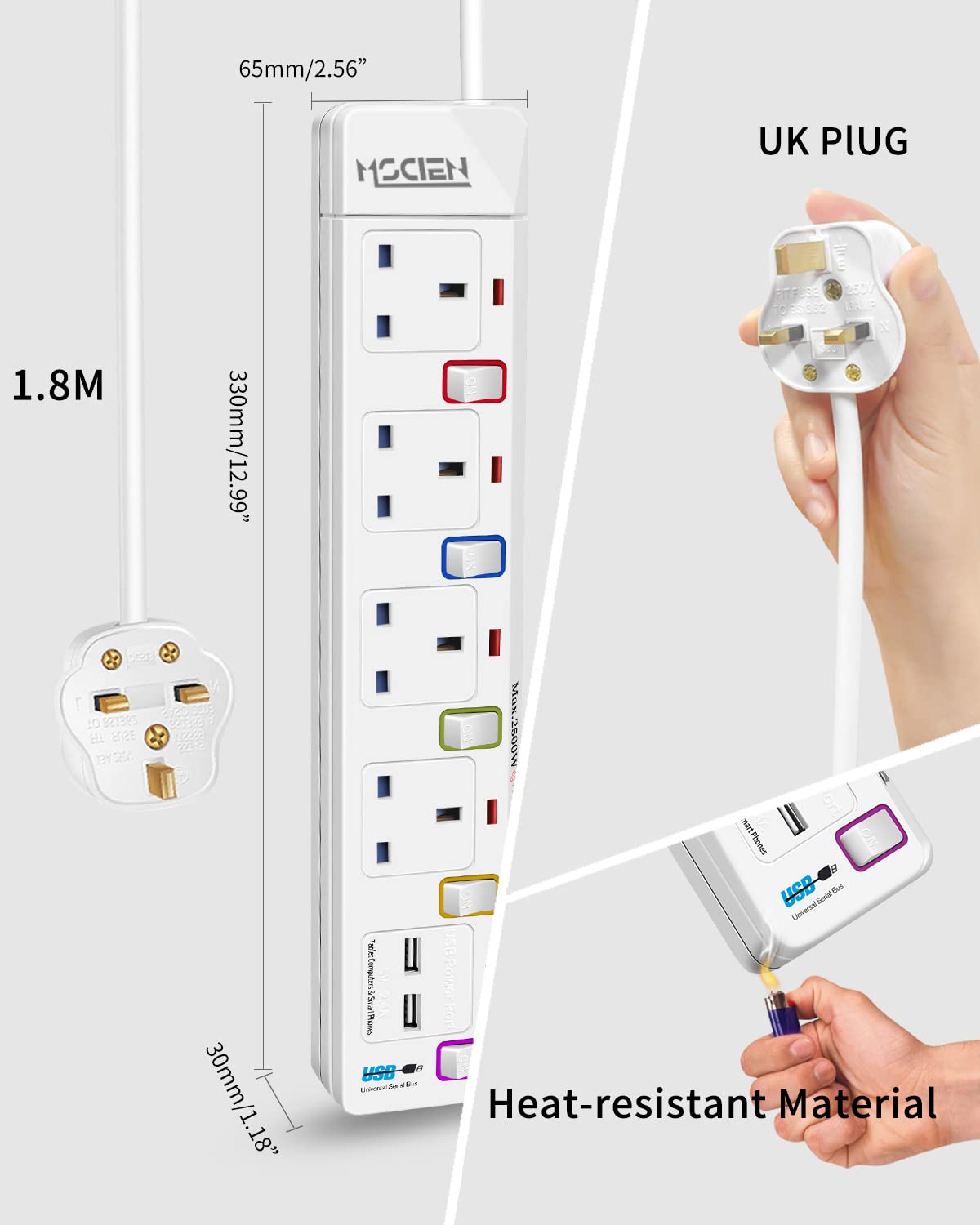 Mscien Extension Lead with USB 2M(including sockets),4Way Sockets