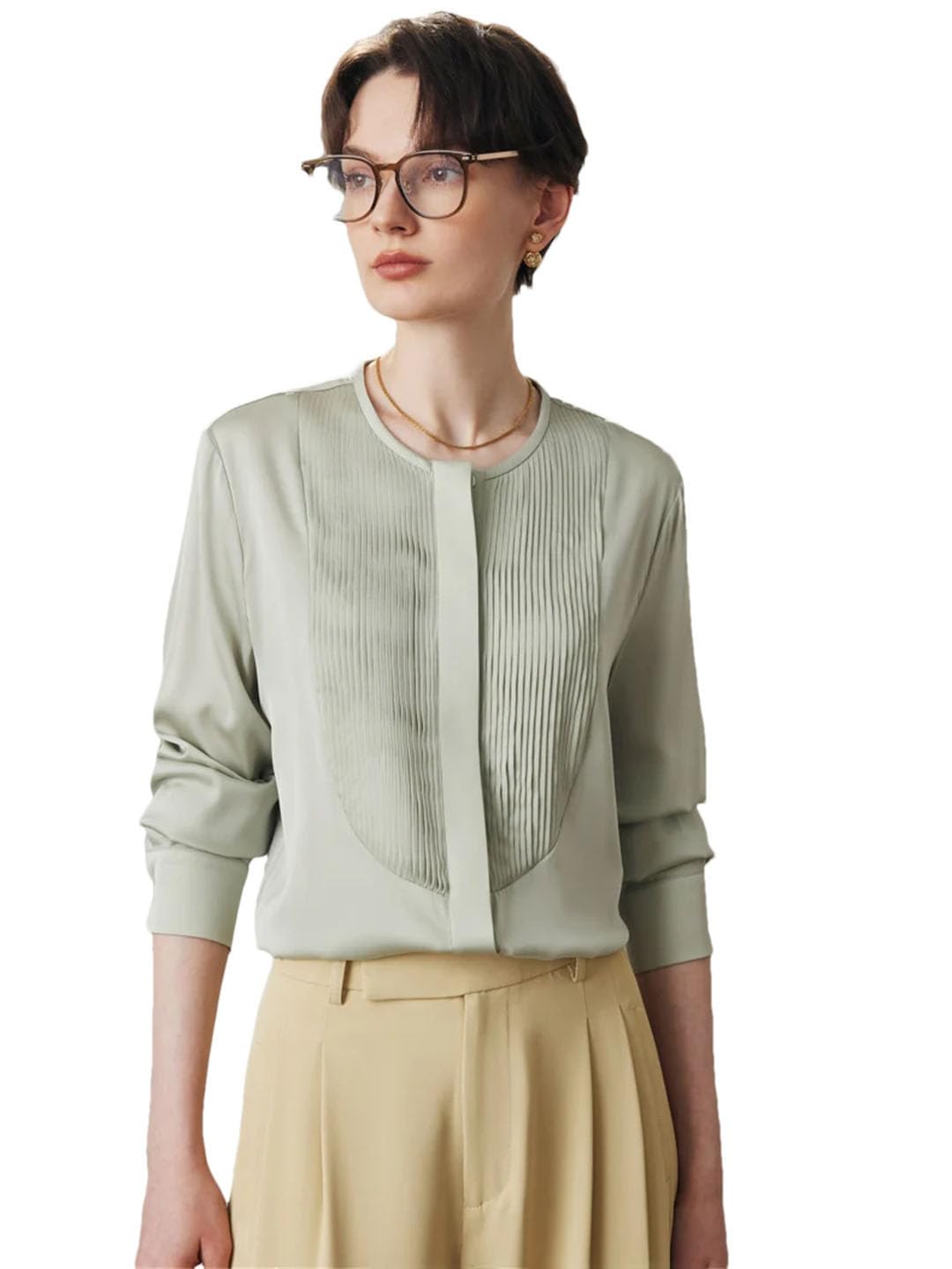 Camisas formales de negocios para mujer, plisadas, de manga larga, de seda satinada, para el trabajo