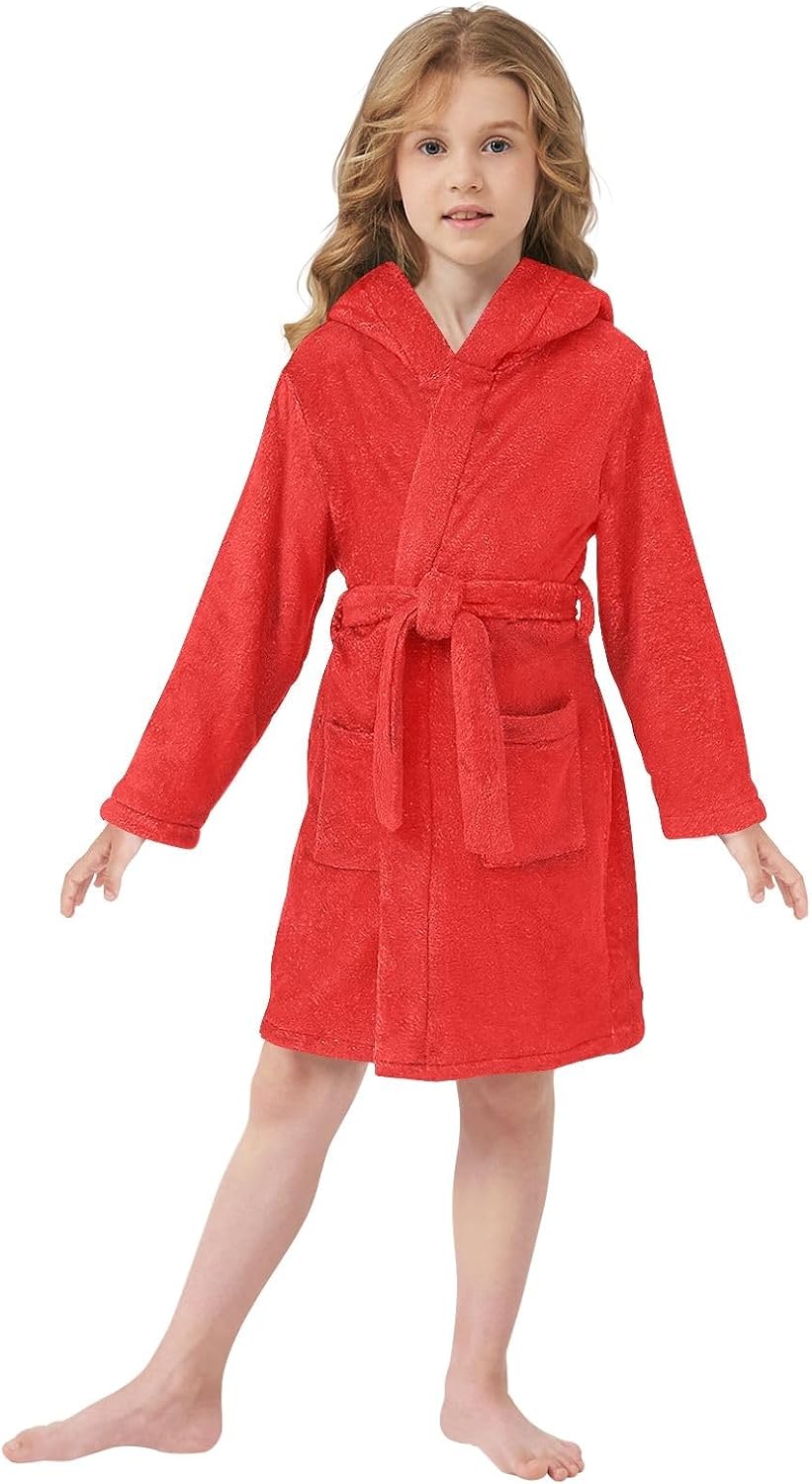 ODAWA Strong Red Kids Bathrobe, Plush Hooded Towel Robe for Boys Girls, Super Soft Absorbent Bath Wrap