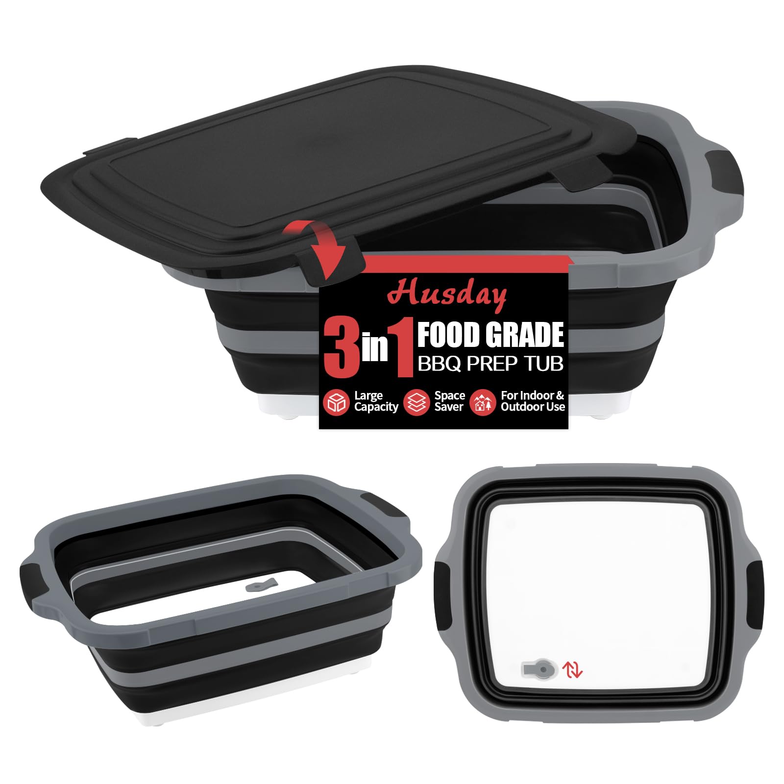 xl collapsible bbq prep tub with lid (4.22 gal / 16l) - foldable cutting board basin, camping sink & food storage bin, multipurpose dish tub for meat, fruit, vegetables - black