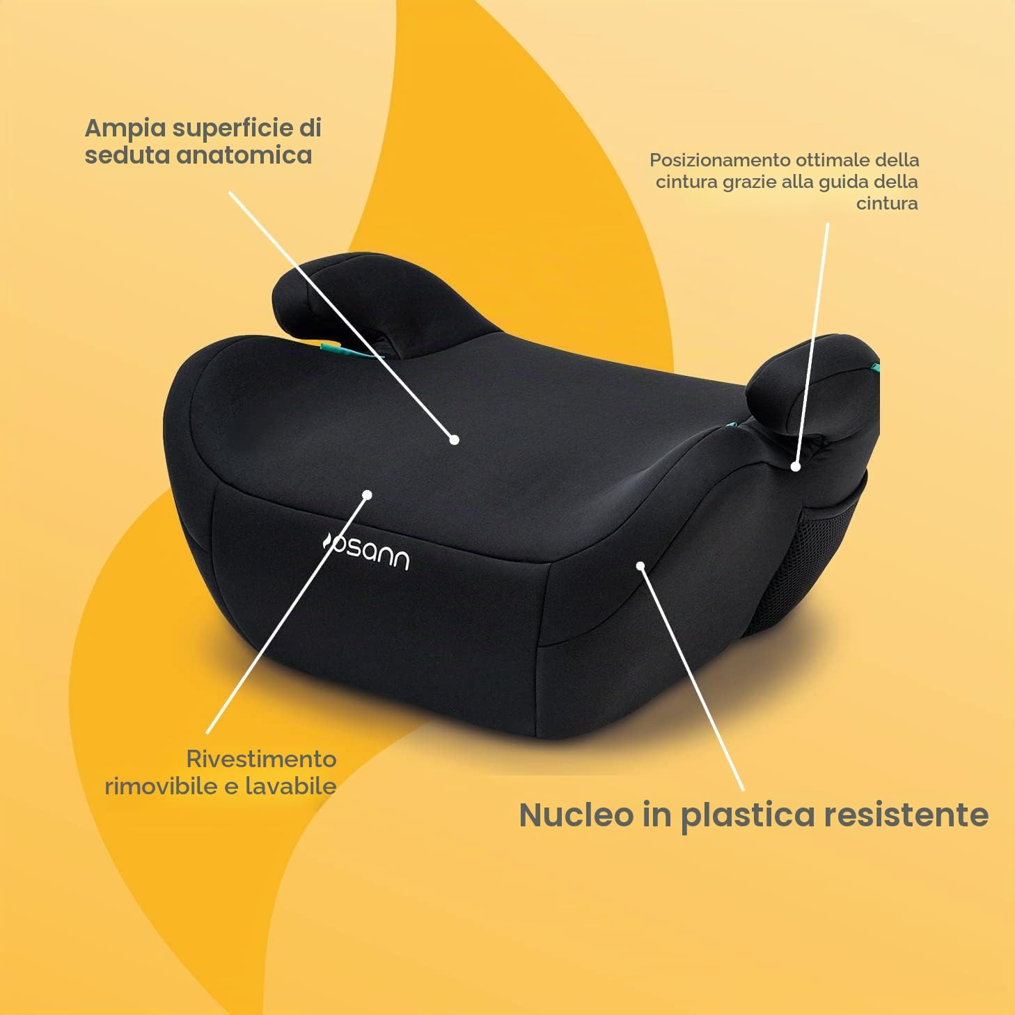 Osann Up, rialzo seggiolino auto per bambini, senza Isofix, 125 – 150 cm (circa 15 – 36 kg), seggiolino i-Size- Black
