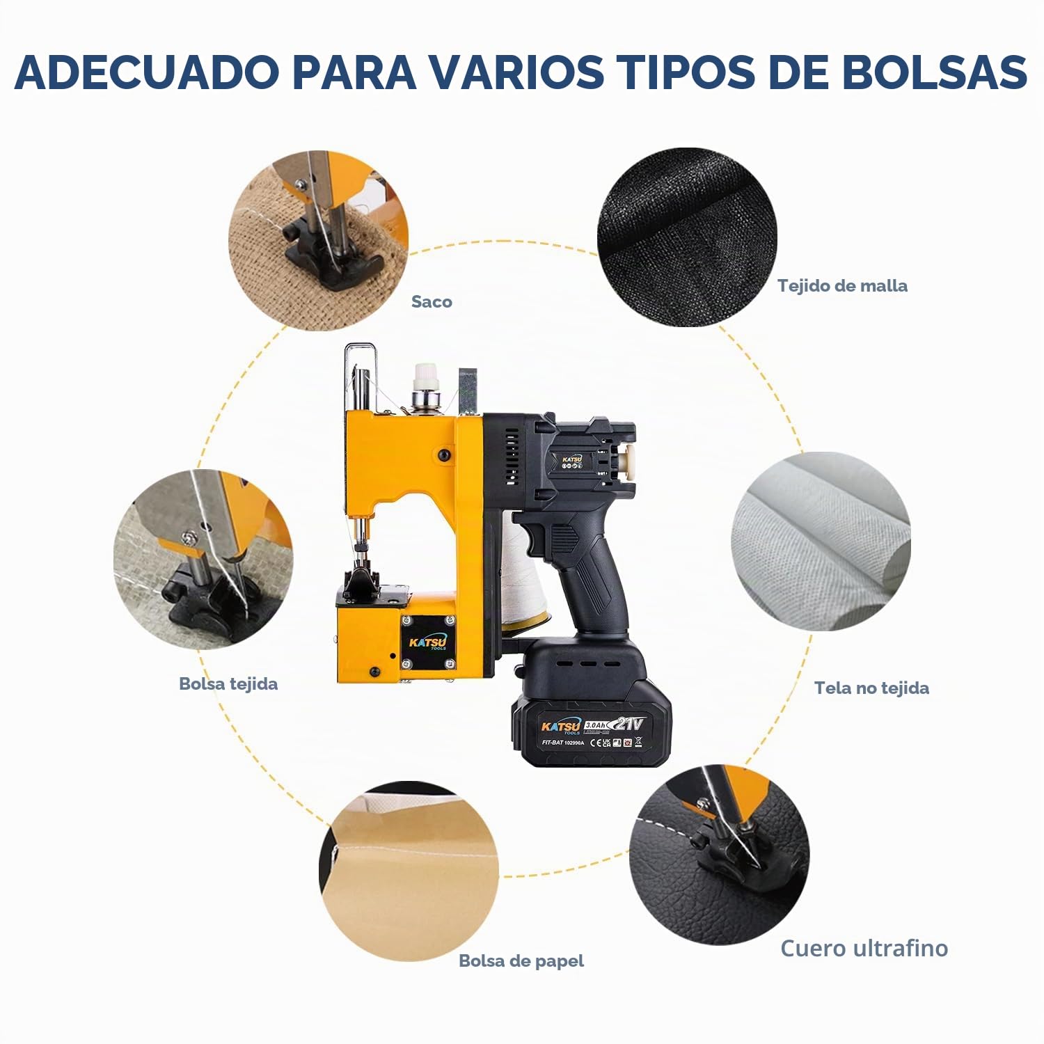 KATSU FIT-BAT Maquinas de Coser Sacos Portátil 21V Inalámbrico Máquina de Embalaje de Costura Más Cercana Bolsa con Batería de 3.0 Ah, para Coser/Sellar Bolsas Tejidas/Papel/Plástico