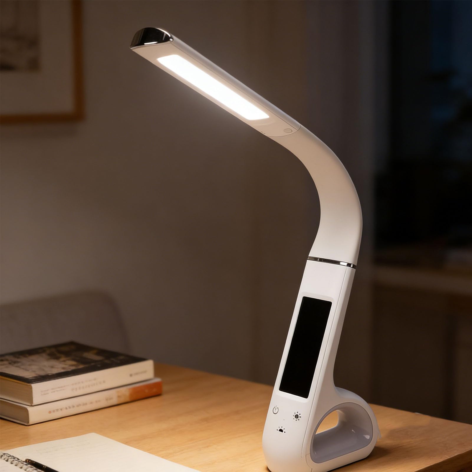 Sxhlseller Lampada da Scrivania Mobile a LED con Display HD VA |Collo Regolabile, 3 modalità Colore 3000K 4000K 6000K, Protezione per gli Occhi per attività di Studio di Lettura (WHITE)