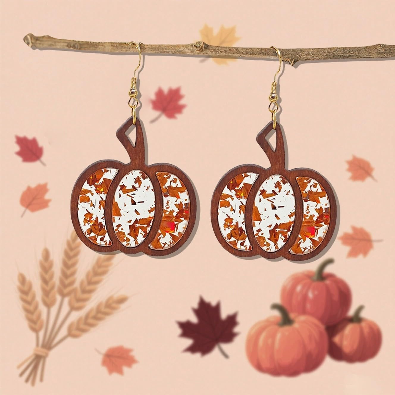 2 Pairs Halloween Pumpkin Wooden Dangle Drop Earrings Cute Handmade Lightweight Thanksgiving Autumn Fall Maple Leaf Glitter Wood Earrings for Women Halloween Thanksgiving Party Jewelry - Image 2