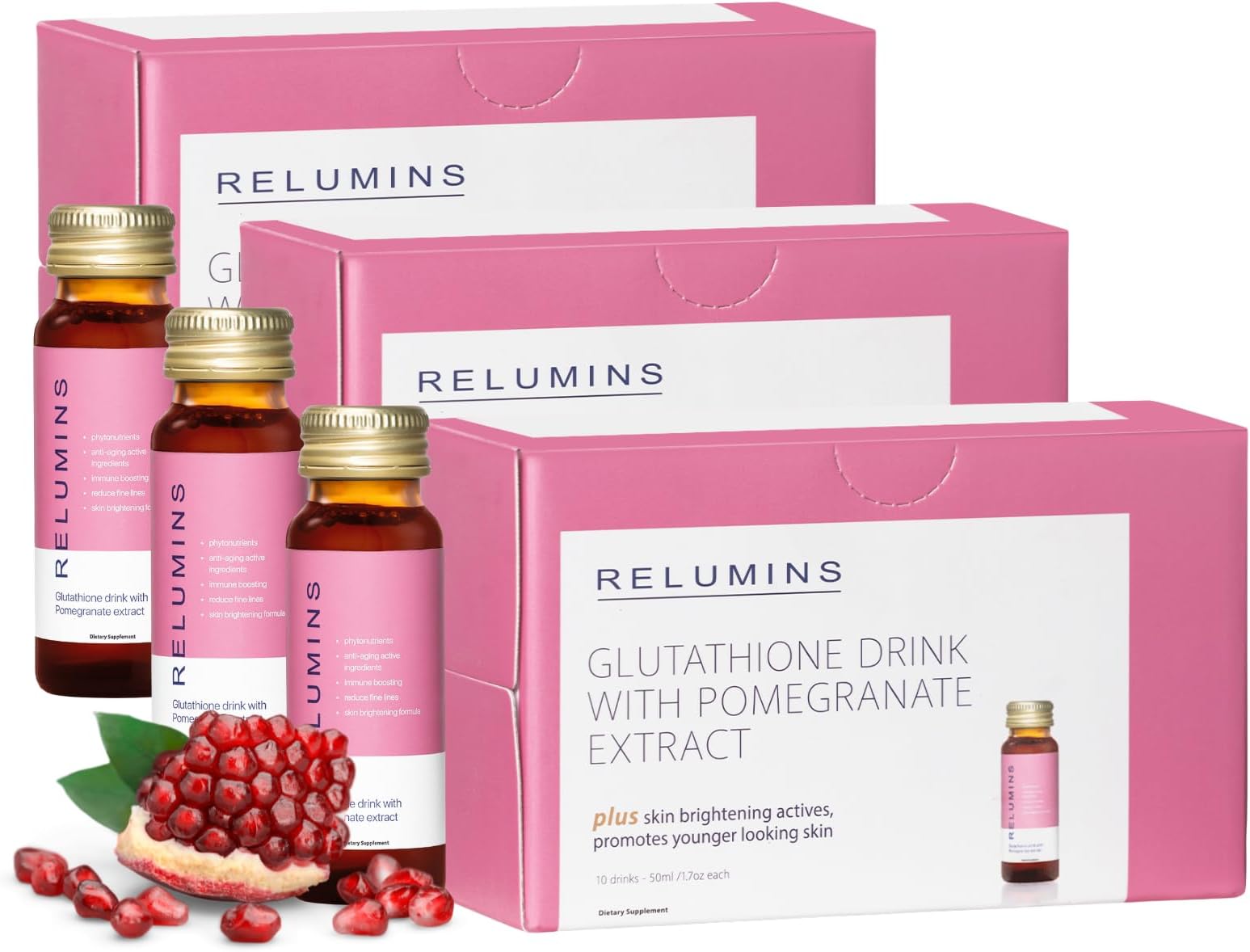 Glutathione Drink - Helps Promote Brighter and Firm Skin, Boosts Skin Collagen Content, Increases Skin Moisture for a Younger Looking Skin - Pomegranate Flavor, 50mL x 30 Gluta Shot Bottles