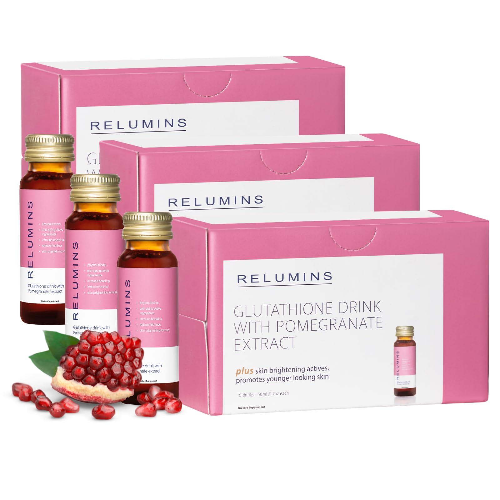 Relumins Glutathione Hydration Shots | Holiday Glow | Deep Skin Hydration, Collagen & Antioxidant Boost for Radiant, Supple Skin | Pomegranate Flavor Beauty Drink | Made in USA | 30 Bottles x 50ml