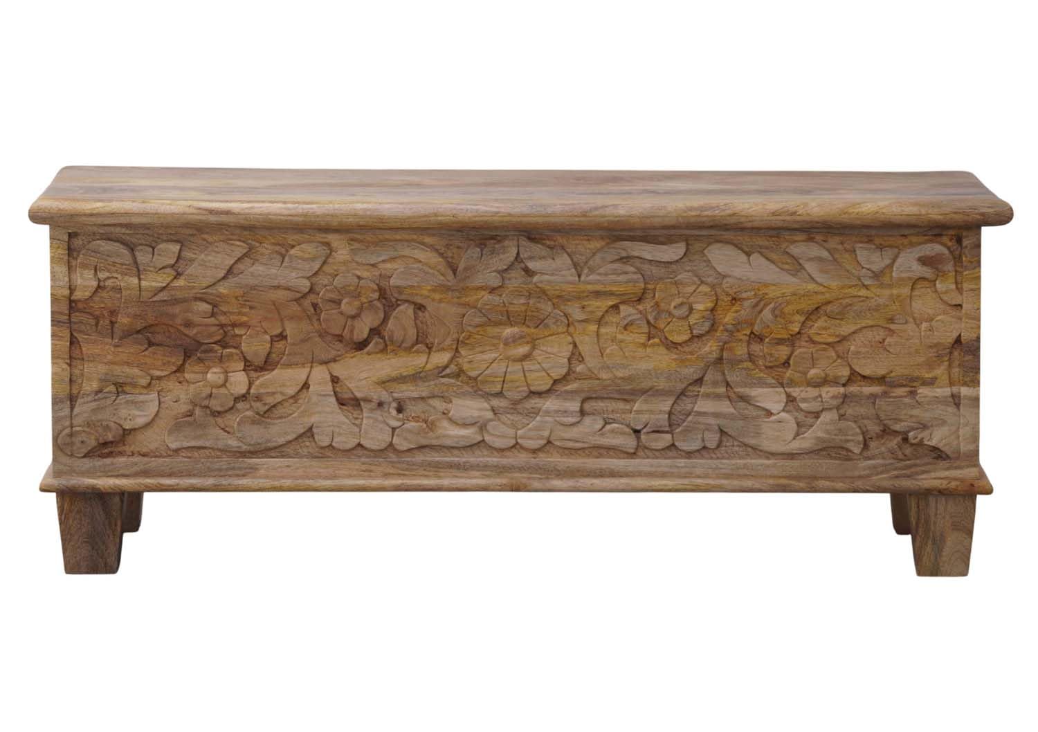 Wooden Storage Trunk, Wooden Carved Trunk Box, Coffee Table with Storage, Center Table, Deccorative Box, Blanket Box for Bedroom, Floral Carved Design, Natural Finish.-image-8