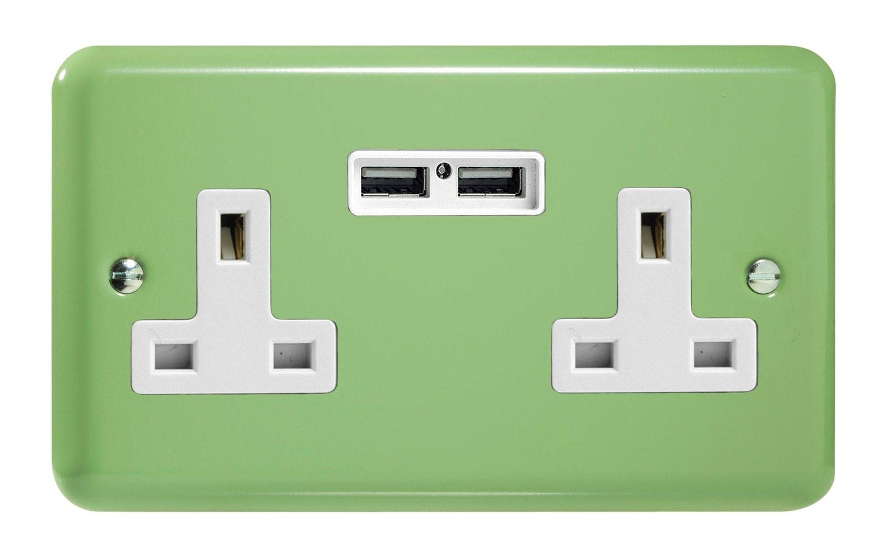 Varilight 2-Gang 13A Unswitched Socket + 2x5V DC 2100mA USB Charging Ports Beryl Green