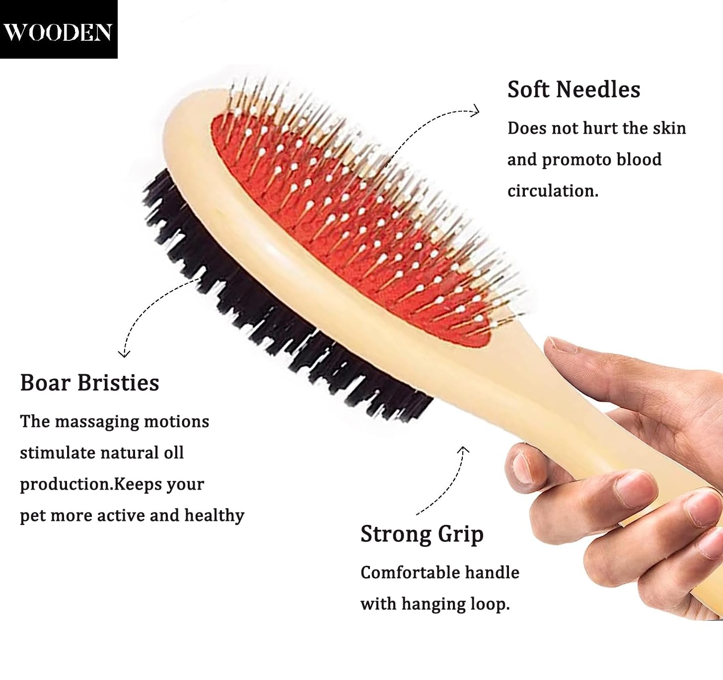 Wooden Dog Brush Double Sided Pet Brush 2 in 1 Dog Pin Brush and Bristle Soft Brush for Cleaning Loose Fur & Dirt - Image 2