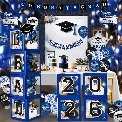 Graduation Decorations Class of 2026 - Blue Graduation Decorations - Balloons Boxes with Letters 2026 GRAD So Proud of You Congrats Grad Party Decorations for Any Grades
