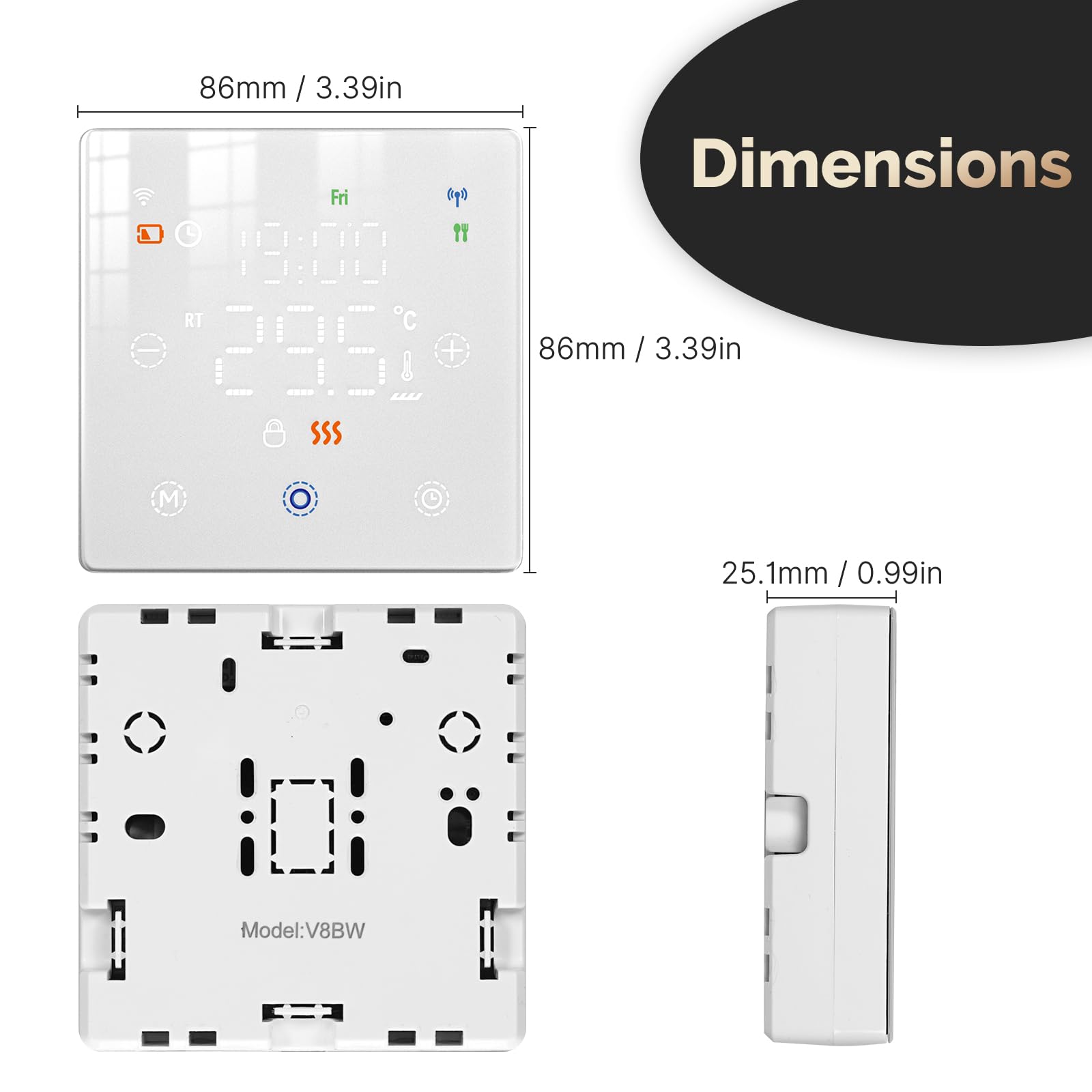 Termostato WiFi a Batterie Bianco, Smart per Caldaia a Gas, Display Touch 86x86mm, Compatibile TUYA Smart Life, Montaggio Parete o Incasso Scatola 502, Programmazione Settimanale