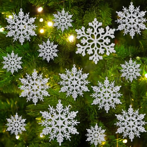 Image of Glitter Christmas Silver Plastic Snowflake Ornaments for Winter Holiday | 60pcs, 4 sizes. Perfect for Christmas tree, birthday party, wedding decor, crafts