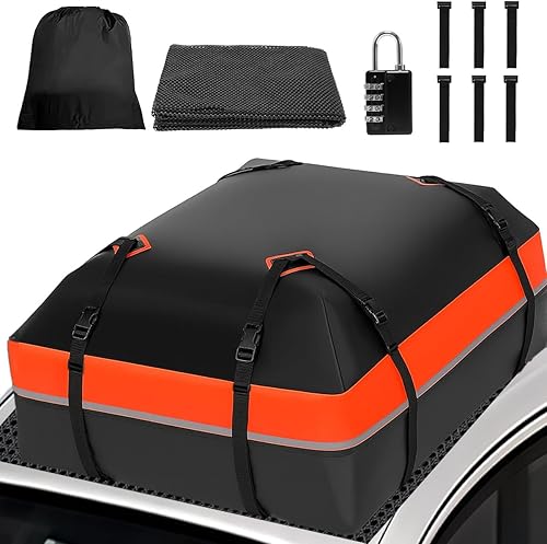 Bolsa de techo para automóvil, bolsa de carga para techo de 15 pies cúbicos, impermeable para todos los autos consin estante, incluye alfombrilla