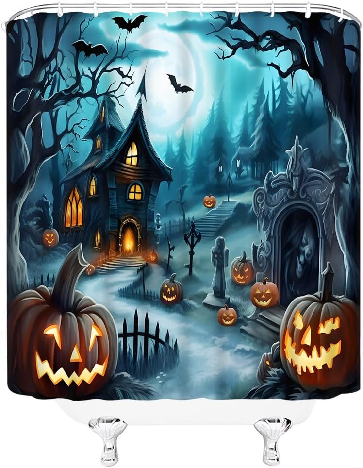 Halloween Shower Curtain Scary Night Moon Gothic Haunted House Pumpkin Bat Forest Courtyard Fabric Bathroom Decor Curtains with Hooks,82 x 70
