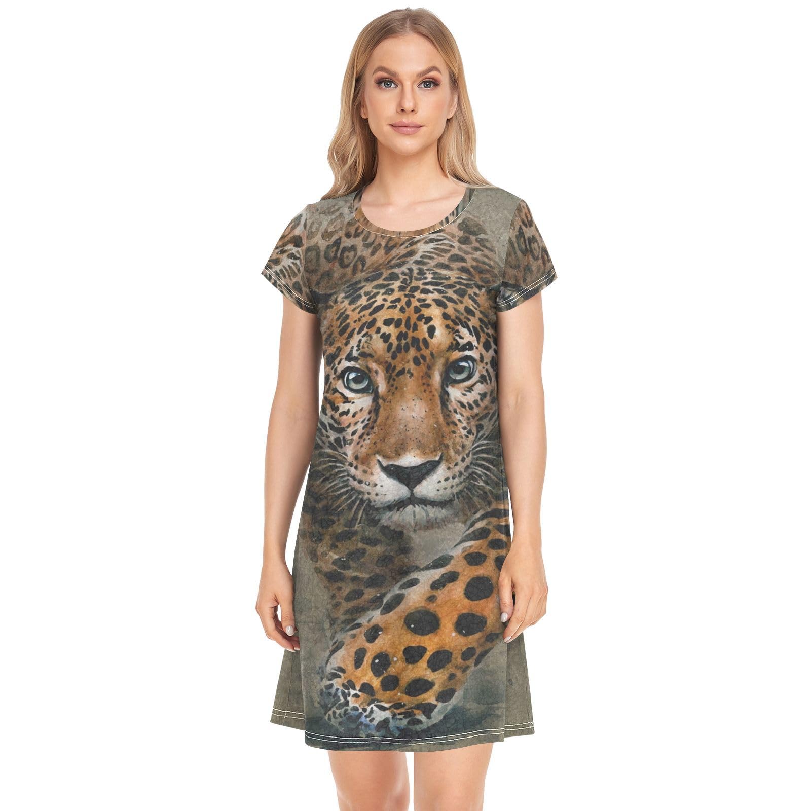 YOUJUNER Women's Nightdress Animal Leopard Print Nighties Nightgown Short Sleeve Nightshirt Sleepwear Loungewear T-Shirt Dress
