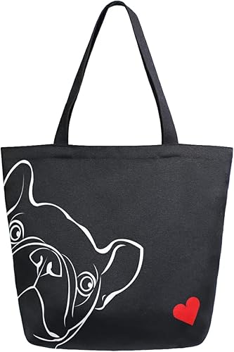 Miniatura 2 de ALAZA - Linda bolsa de lona grande con diseño de bulldog pug negro francés, reutilizable, para compras, con asas, resistente, lavable
