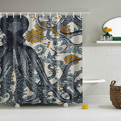 Blue Octopus Bathroom Curtain Ocean Life Shower Curtain Octopus And Yellow Flowers Bathroom Decor Set With Hooks Waterproof Washable 72 X 72 Inches #TOP24