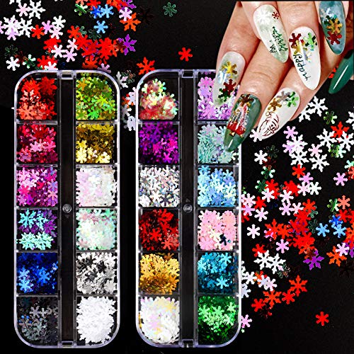 24 Colors DIY Holographic Snowflake Nail Glitter for Christmas Fake Nail Art Solid Color Stickers Decor, Street Designer Nail Sequins Decal for Acrylic False Nails Decorations Supplies for Women