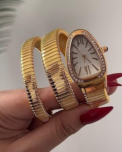 ساعة يد نسائية على شكل ثعبان، أنيقة وفاخرة، كلاسيك وكاجوال، هدية مثالية للنساء والبنات (دهبي ميناء أبيض)