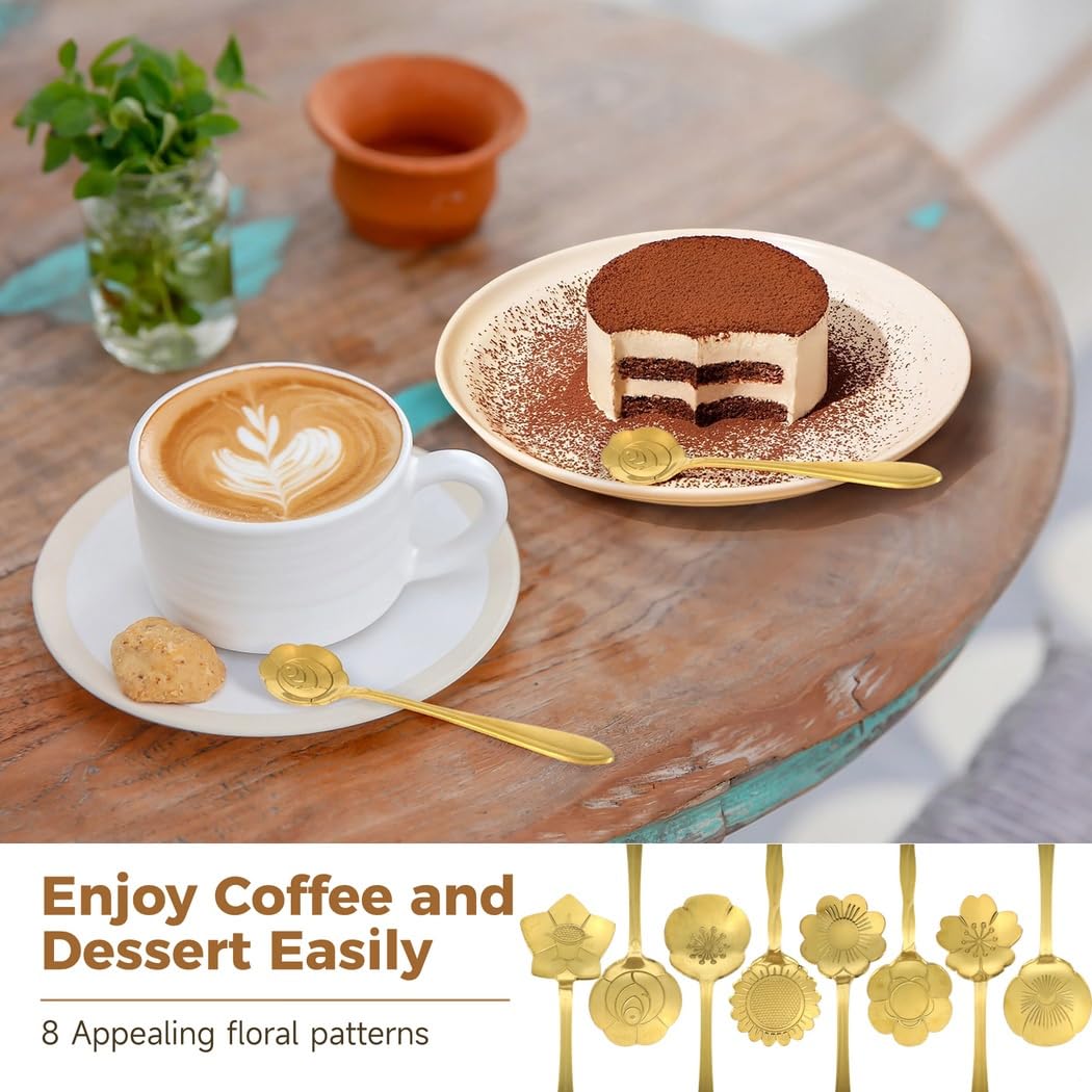 Lot de 40 mini cuillères à thé et café dorées en acier inoxydable Motif floral Petit ustensile mélangeur 8 styles uniques Vaisselle pour la maison et le café