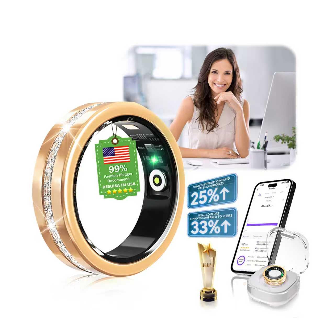 10. Gen Diamant Smart Ring 【IP68 Wasserdicht-0 Messfehler】 und Kabelloses Ladeetui, Fitness Tracking Ring with Heart Rate, Sleep Monitor，Smartring Kompatibel mit Android und iOS,Gold 8