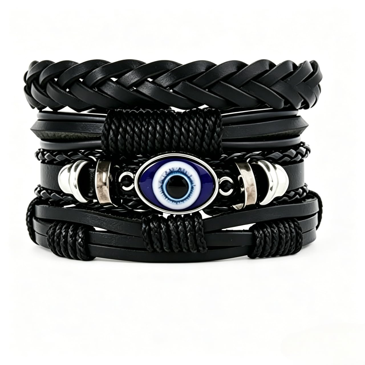 Muiltvoe 4 Pcs Leather Bracelets Black Braided Leather Wide Wristband for Men Adjustable Evil Eye Multilayer Woven Cuff Bangle Vintage Punk Handmade Bracelet For Men Women To Wear Daily Basis