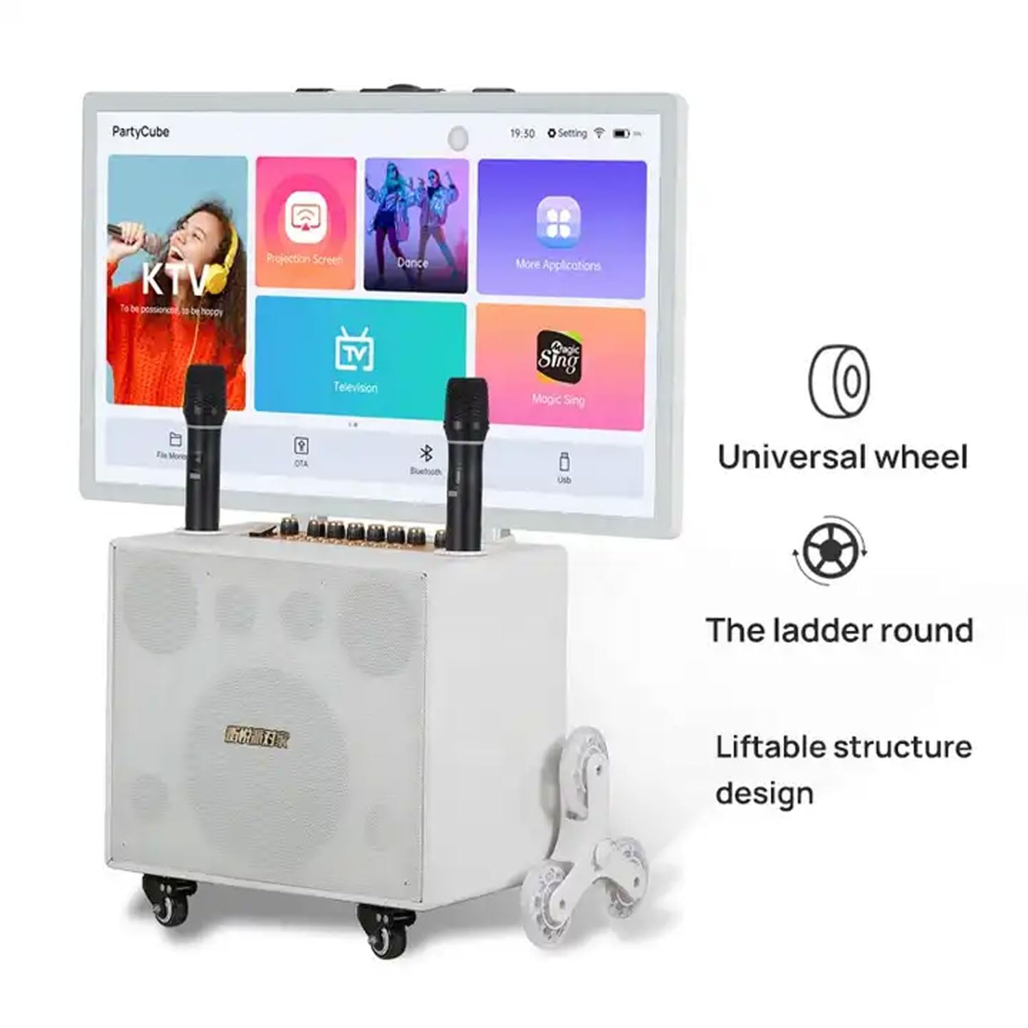Karaoke, sistema portatile di altoparlanti Bluetooth PA con tablet touch da 32 pollici, 2 microfoni wireless, altoparlante LED per eventi all'aperto e feste