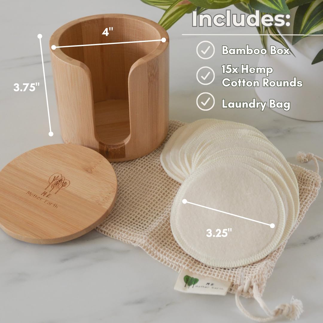 Rondas de algodón de cáñamo reutilizables, paquete de 15 unidades con caja de almacenamiento de bambú, almohadillas orgánicas ultrasuaves para eliminación de maquillaje, accesorios para el cuidado de