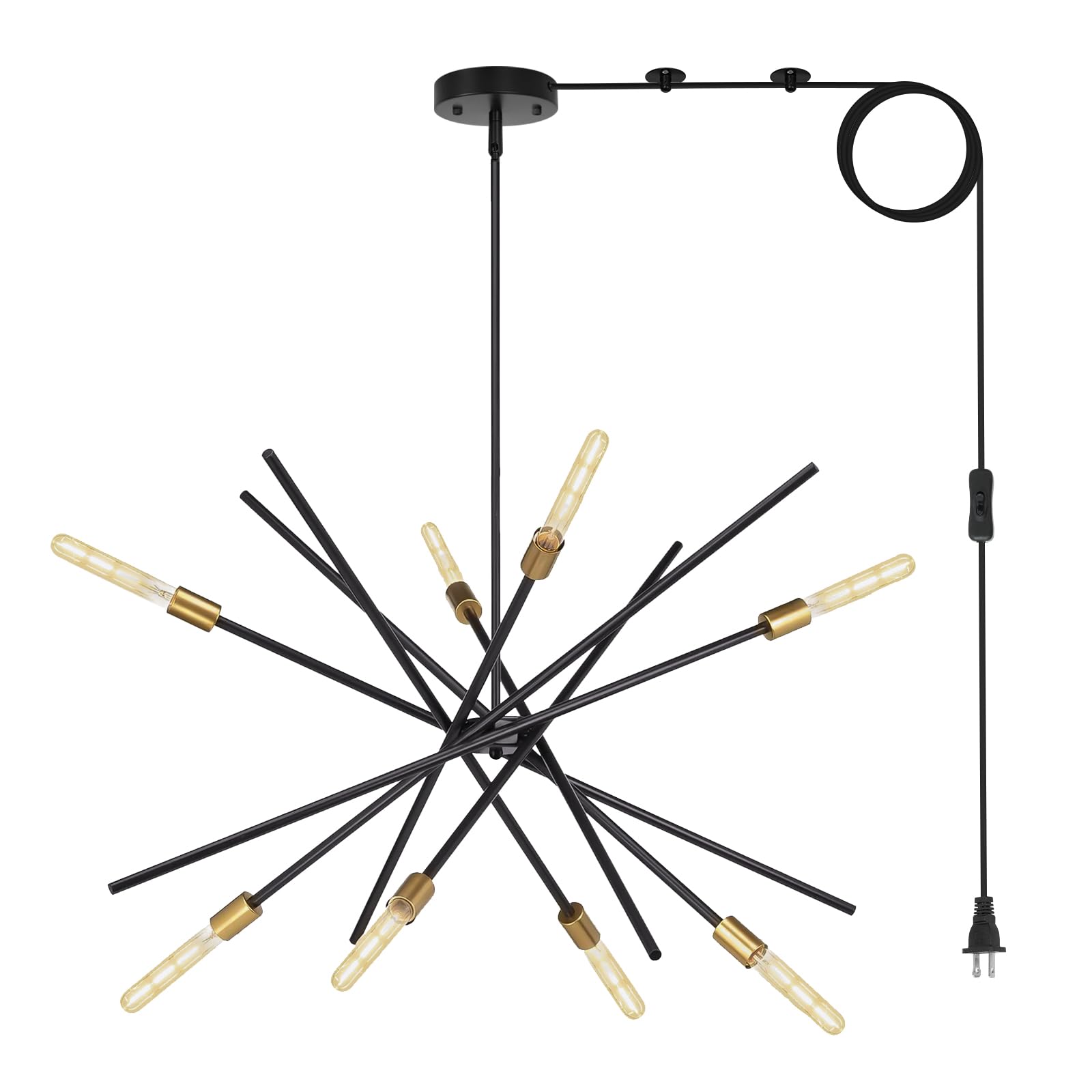 Modern Plug in Chandelier Midcentury Black and Brass 8Light Sputnik