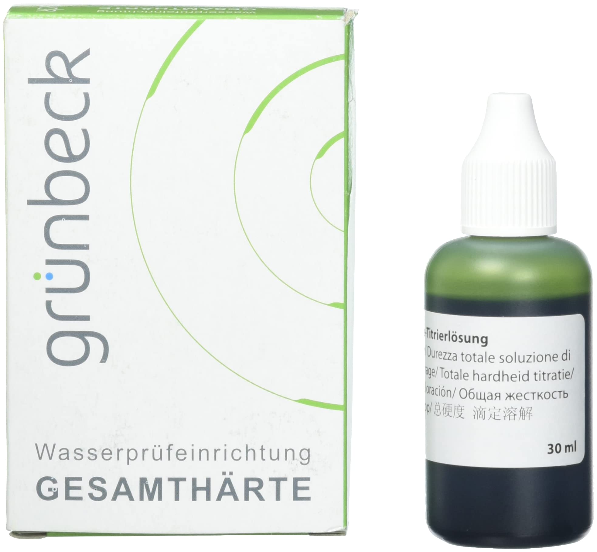 GRÜNBECK - Dispositivo de prueba de agua dureza total °dH y °f | Práctico dispositivo de prueba de agua para la determinación rápida de la dureza total en °dH y °f | Incluye solución de valoración de