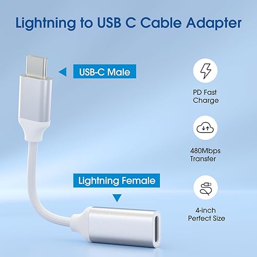 Miniatura 2 de TechMatte Adaptador de cable Lightning a USB C, carga rápida PD de 4 pulgadas, compatible con teléfonos 15PlusProPro Max y más dispositivos tipo C,